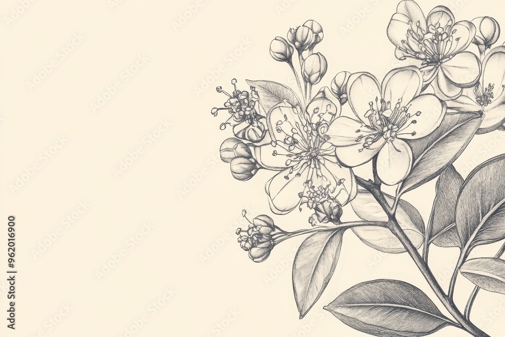 Detailed Pencil Drawing of a Branch with Blooming Flowers and Leaves Detailed Pencil Drawing of a Branch with Blooming Flowers and Leaves