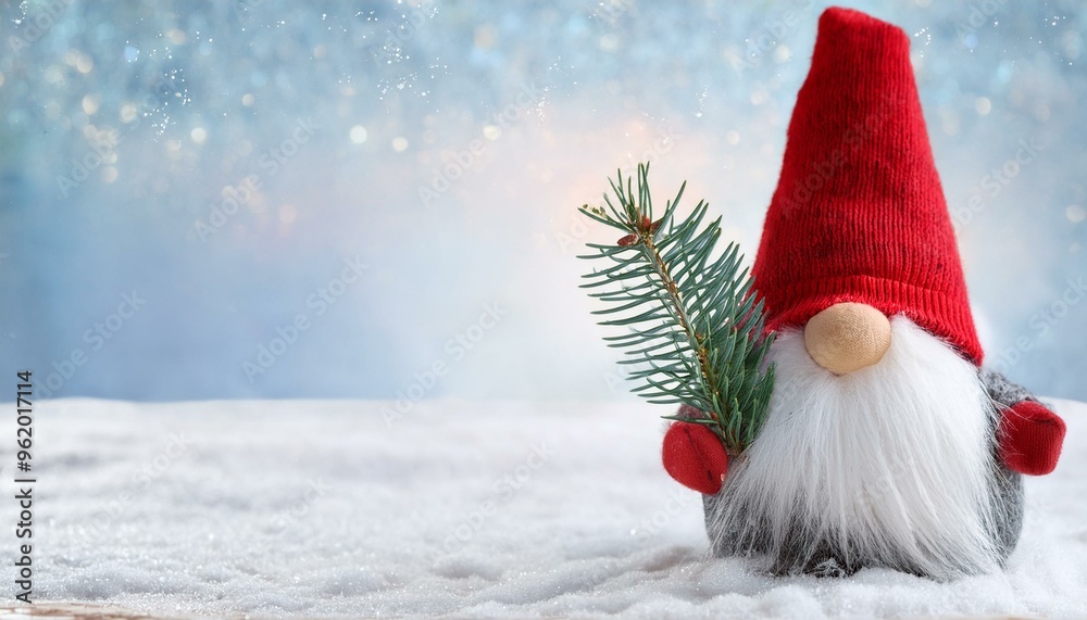 Festive Nordic Christmas Gnome in Red Cap with Fir Branch on Snowy Winter Background Holiday Invitation Card Festive Nordic Christmas Gnome in Red Cap with Fir Branch on Snowy Winter Background Holiday Invitation Card