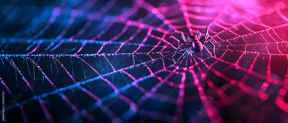 Neon spiderwebs glowing in the dark with a haunting otherworldly atmosphere a surreal cyberpunk inspired Halloween concept Neon spiderwebs glowing in the dark with a haunting otherworldly atmosphere a surreal cyberpunk inspired Halloween concept