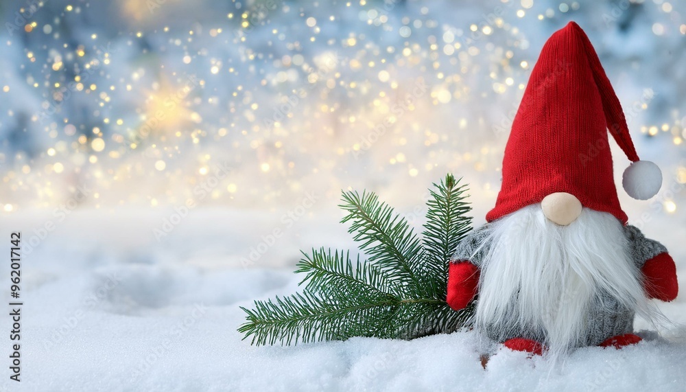 Festive Nordic Christmas Gnome in Red Cap with Fir Branch on Snowy Winter Background Holiday Invitation Card Festive Nordic Christmas Gnome in Red Cap with Fir Branch on Snowy Winter Background Holiday Invitation Card
