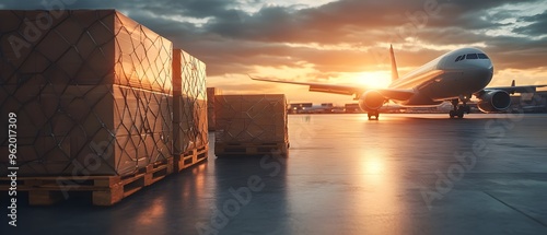 Efficient airfreight logistics showcasing the systems and processes involved in the loading transporting and managing of cargo by air  The image depicts a sunset scene at an airport with aircraft