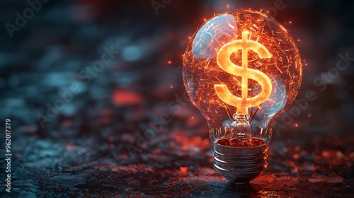 A burning light bulb with a dollar sign inside represents the spark of financial success.