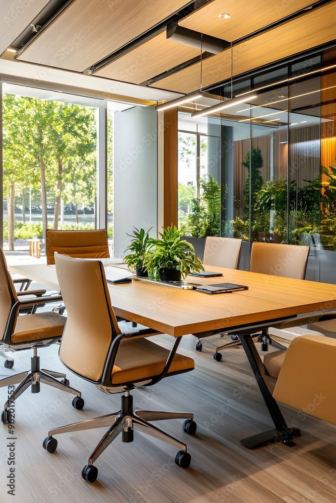 Modern Office Meeting Room with Wooden Table and Chairs.
