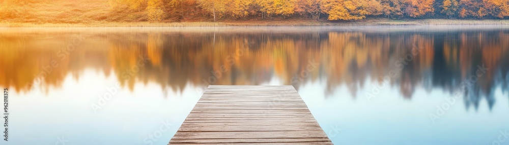 A still lake reflecting the rich colors of autumn trees, with a wooden dock leading out into the tranquil water A still lake reflecting the rich colors of autumn trees, with a wooden dock leading out into the tranquil water