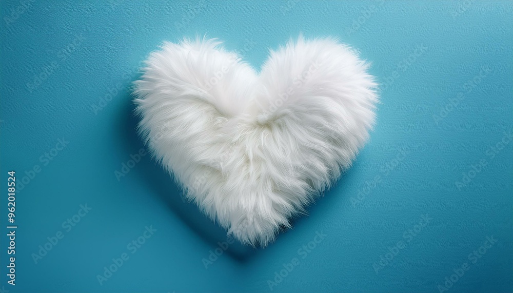 Fluffy White Fur Heart Shape on Baby Blue Minimal Background, Soft Texture for Romantic, Love, and Valentines Concepts Fluffy White Fur Heart Shape on Baby Blue Minimal Background, Soft Texture for Romantic, Love, and Valentines Concepts