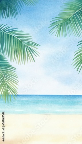 A serene beach scene with clear blue water and lush palm leaves framing the view, perfect for relaxation and vacation themes.