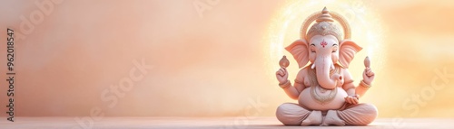 Lord Ganesha seated in meditation, with a glowing halo, symbolizing spiritual wisdom and tranquility