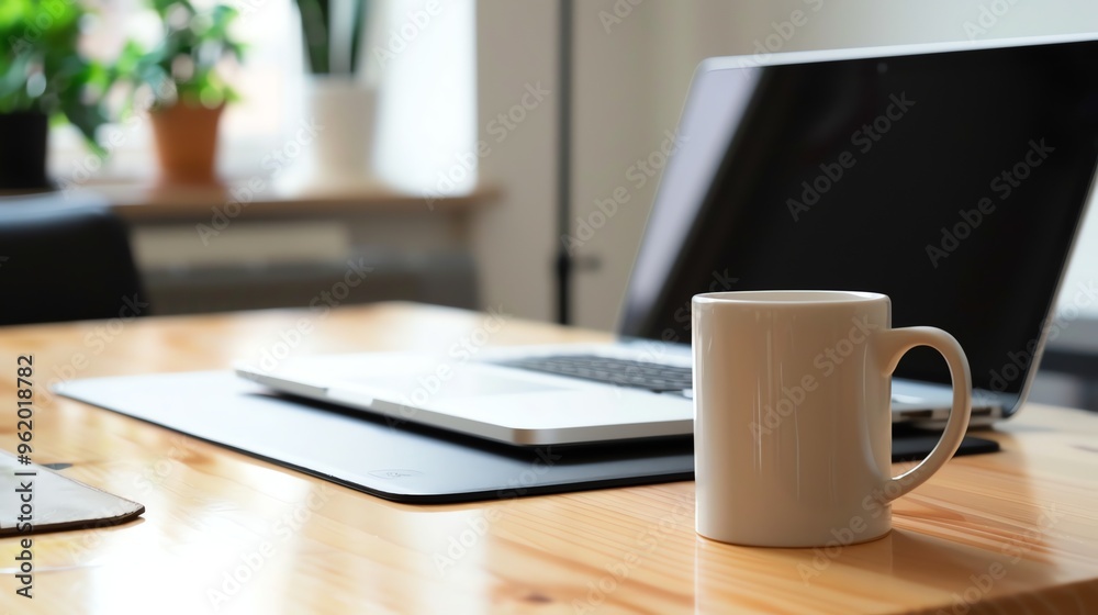 A white mug on a wooden desk in front of a laptop computer. A white mug on a wooden desk in front of a laptop computer.