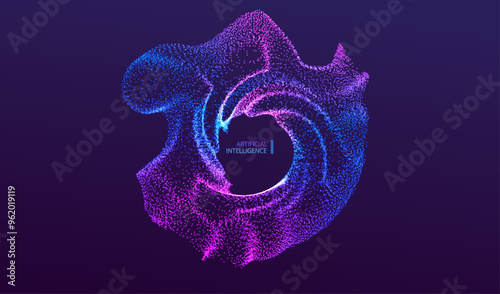 Technology ai particles banner. Dots explosion big data neon round background. Artificial Intelligence biology neuron futuristic circles connect design.