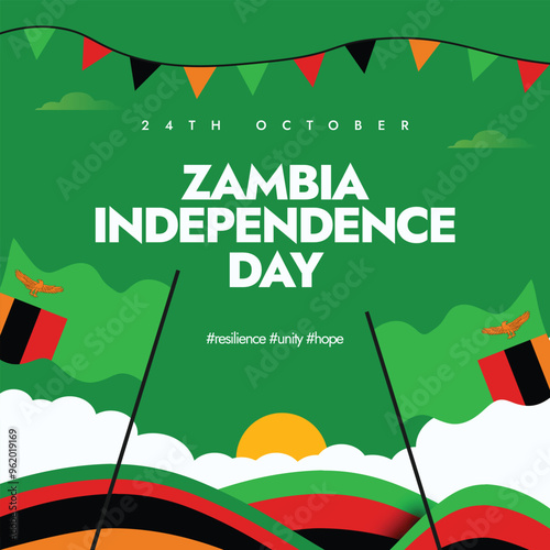 Zambia Independence Day. 24th October Celebration Banner, Post with Its Flag and Text in Flag Colours. The Day Commemorates Zambia's Independence Achieved in 1964