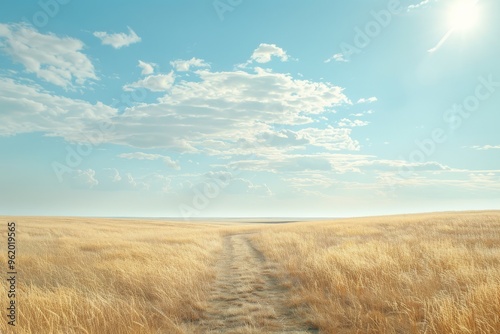 A wide, open prairie with tall grasses swaying gently in the wind under a big, blue sky