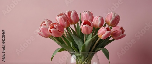 An bouquet of pink tulips is arranged on a pink background.