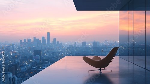 A modern rooftop offers a breathtaking view of the city skyline at sunset, capturing the beauty of urban elegance.