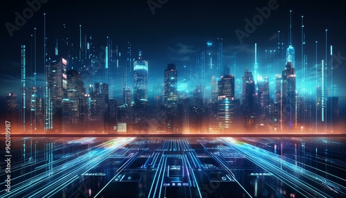 Futuristic Digital Software Development Nighttime Coding on Display with Neon Lights and Cityscape Background