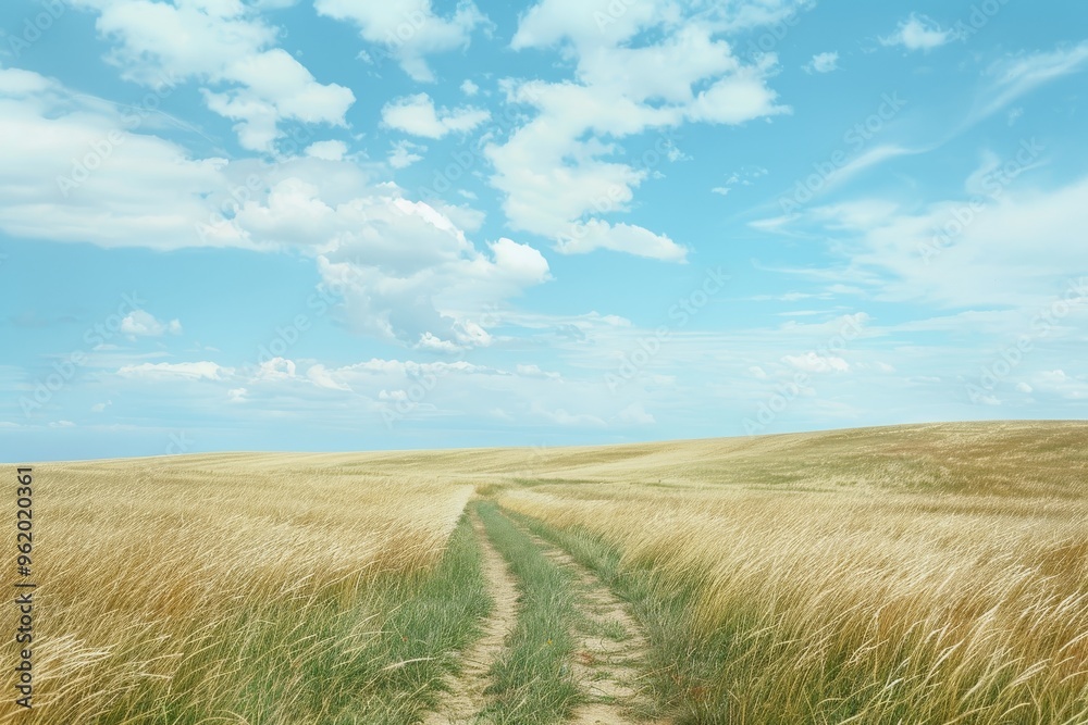 A wide, open prairie with tall grasses swaying gently in the wind under a big, blue sky A wide, open prairie with tall grasses swaying gently in the wind under a big, blue sky