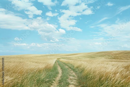 A wide, open prairie with tall grasses swaying gently in the wind under a big, blue sky