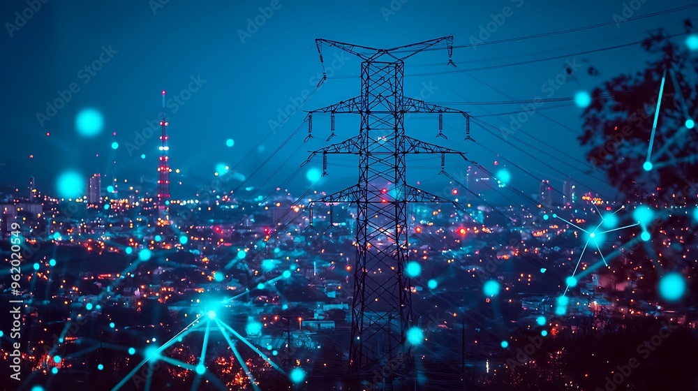 An electric power tower stands illuminated at night, surrounded by city lights and digital network connections. An electric power tower stands illuminated at night, surrounded by city lights and digital network connections.
