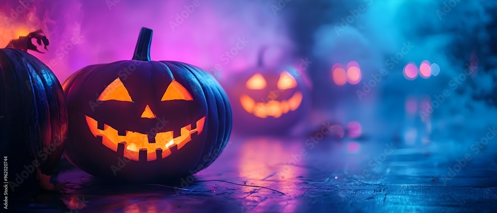 Glowing pumpkins and vibrant neon lights set the stage for a spooky and festive Halloween party with a moody atmospheric ambiance The blurred Glowing pumpkins and vibrant neon lights set the stage for a spooky and festive Halloween party with a moody atmospheric ambiance The blurred