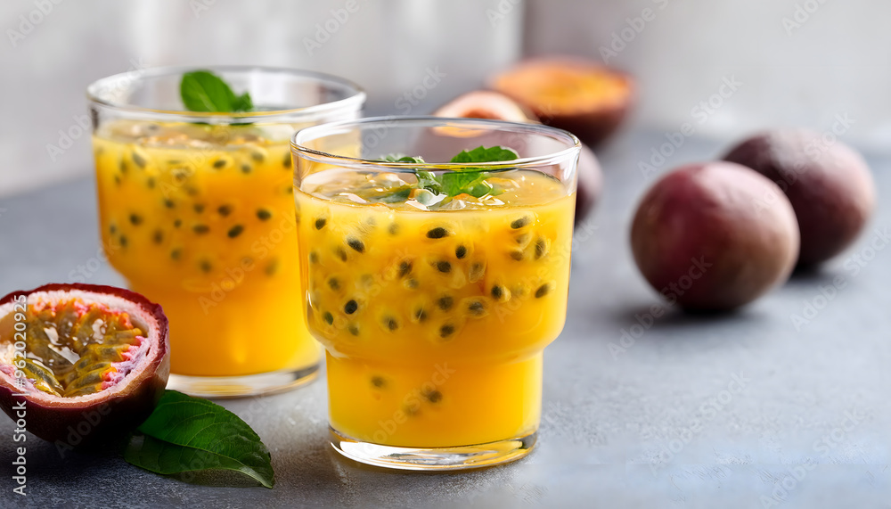 Passion Fruit Punch in glass with copy space on blurred background Passion Fruit Punch in glass with copy space on blurred background