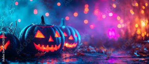 Neon Lit Halloween Party Scene with Glowing Pumpkins and Moody Atmosphere  Vibrant surreal image of jack o lanterns with neon and glow in the dark creating an eerie mysterious photo