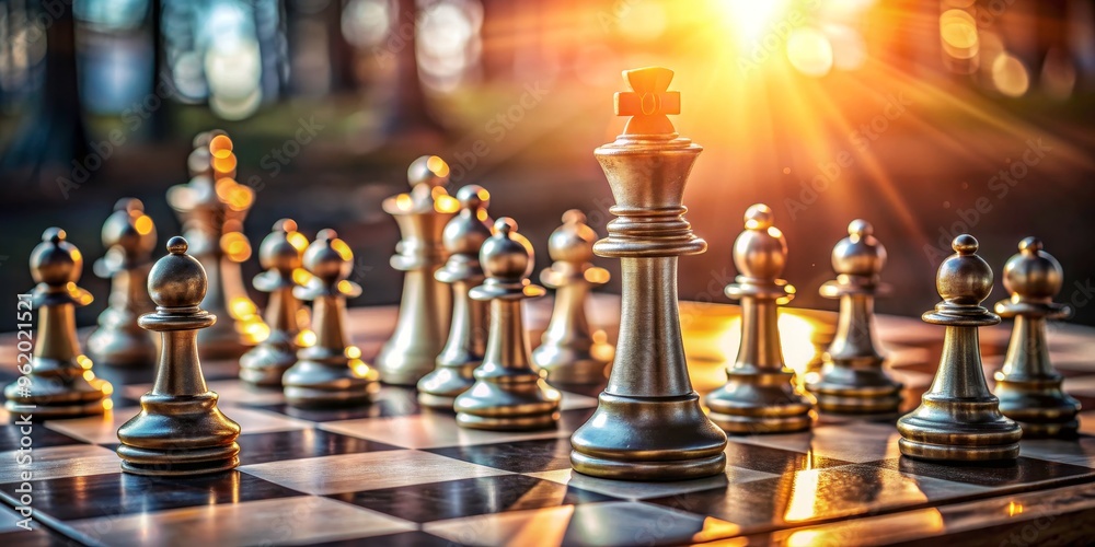 Golden King Stands Tall in the Sunset, Chess Piece, Chess Board, Strategic , chess, game, strategy Golden King Stands Tall in the Sunset, Chess Piece, Chess Board, Strategic , chess, game, strategy