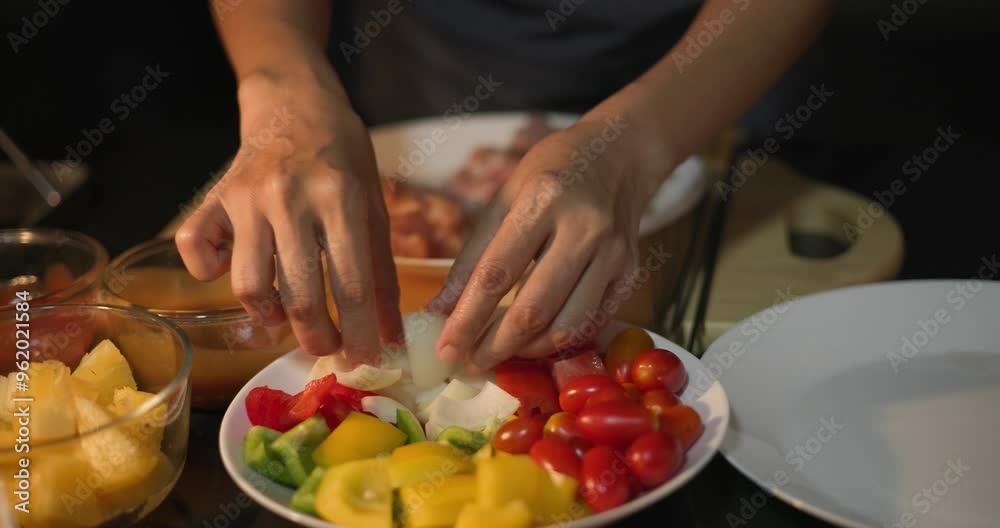 When preparing for a barbecue and grilling skewers for dinner, meat and vegetables are the main ingredients.