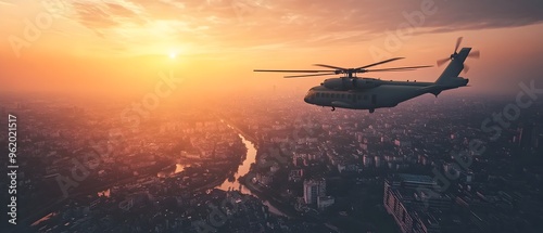 Dramatic aerial shot showcasing the rapid deployment of critical supplies and emergency logistics via helicopter transport during a crisis or disaster response a vibrant sunset backdrop over the photo