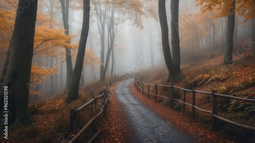 Mysterious Foggy Autumn Forest Pathway Serene Landscapes Scenic Nature Scenery Adventure. photo