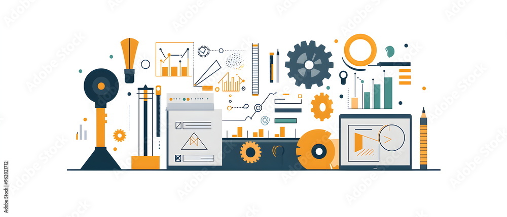 Fototapeta premium A flat illustration of an industrial agency's logo design process, with design tools, drafts, and industrial elements like cogs and gears. Simplified, with a focus on creativity and precision