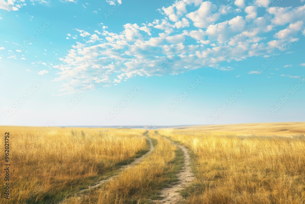 Obraz premium A wide, open prairie with tall grasses swaying gently in the wind under a big, blue sky