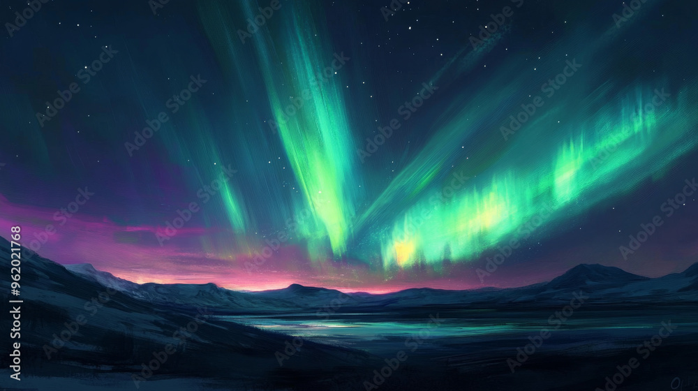 The Northern Lights, a soft green and purple display, dance silently across the night sky. Their gentle glow creates a peaceful scene. The Northern Lights, a soft green and purple display, dance silently across the night sky. Their gentle glow creates a peaceful scene.