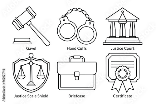 Law and Justice Icon Pack: Gavel, Handcuffs, Courthouse, Briefcase, Certificate - Perfect for Legal Apps and Designs