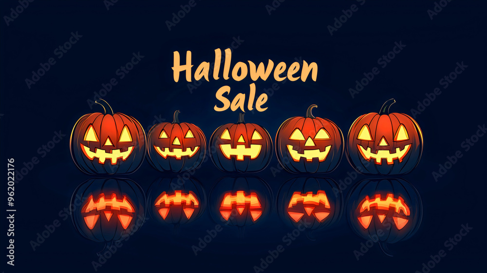 A beautiful banner showcasing a Halloween sale with recognizable spooky Halloween pumpkins with candles, set against a dark background for business advertising. A beautiful banner showcasing a Halloween sale with recognizable spooky Halloween pumpkins with candles, set against a dark background for business advertising.