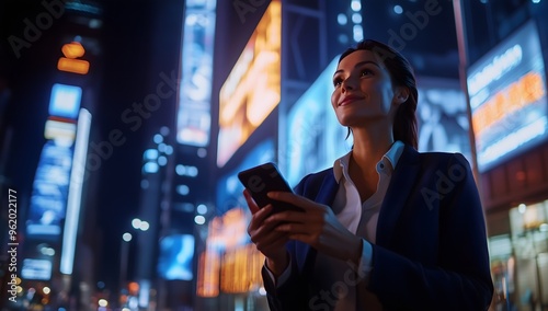 A gorgeous young woman smiles while using her smartphone on a brightly lit, night time city street. The portrait captures her beauty amid the vibrant neon lights.