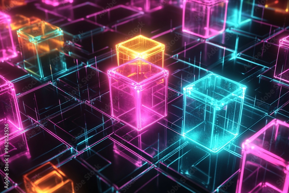 Vibrant neon cube surrounded by glowing geometric shapes in a dark digital space at night Vibrant neon cube surrounded by glowing geometric shapes in a dark digital space at night