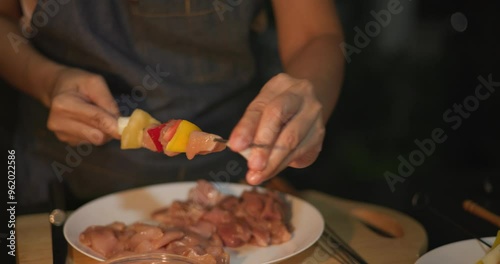 When preparing for a barbecue and grilling skewers for dinner, meat and vegetables are the main ingredients.