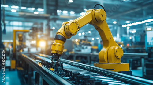 A robot arm works on a conveyor belt in a factory. This automated system helps build machines efficiently. The image shows the technology used in modern manufacturing.