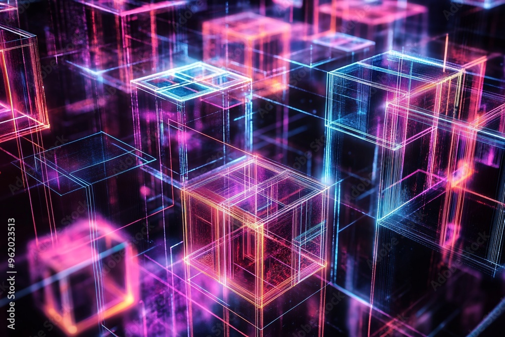 Vibrant neon cube surrounded by glowing geometric shapes in a dark digital space at night Vibrant neon cube surrounded by glowing geometric shapes in a dark digital space at night