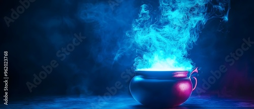 Neon witches stirring a glow in the dark cauldron in a photography concept with dramatic lighting color and plenty of copy space for text overlay