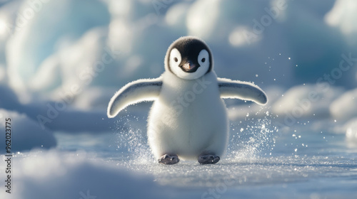 A baby penguin waddling across the snow with its fluffy down feathers blowing in the wind photo