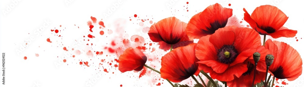Obraz premium A vibrant bouquet of red poppies, symbolizing beauty and remembrance, set against a clean white background.
