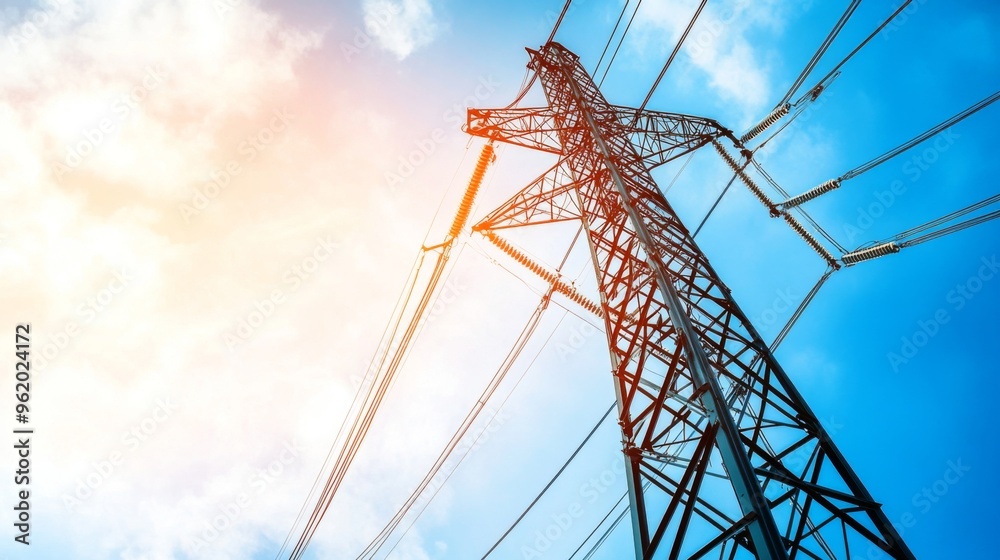 Close-up of a towering electricity pylon with multiple power lines, emphasizing the robust construction and engineering of the electrical transmission system. Close-up of a towering electricity pylon with multiple power lines, emphasizing the robust construction and engineering of the electrical transmission system.