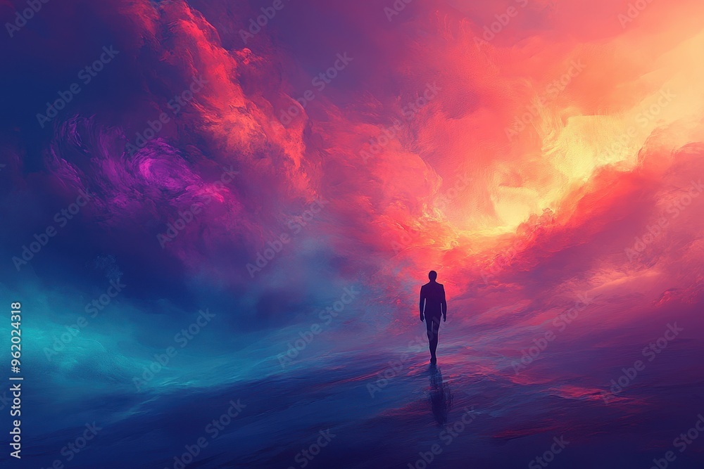 Obraz premium A Solitary Figure Walking Towards a Vibrant Sunset Sky