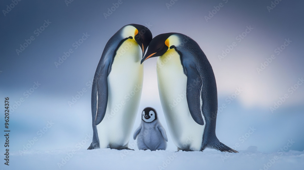 Obraz premium A penguin family standing together on the ice, the chick nestled safely between the parents