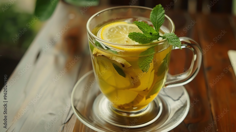A cup of tea with lemon and mint. A cup of tea with lemon and mint.