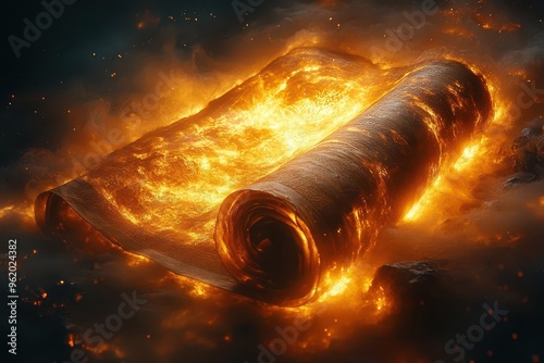 ancient scroll unrolling to reveal 3d holographic scenes from the book of isaiah with prophetic visions materializing in swirling mist and golden light photo