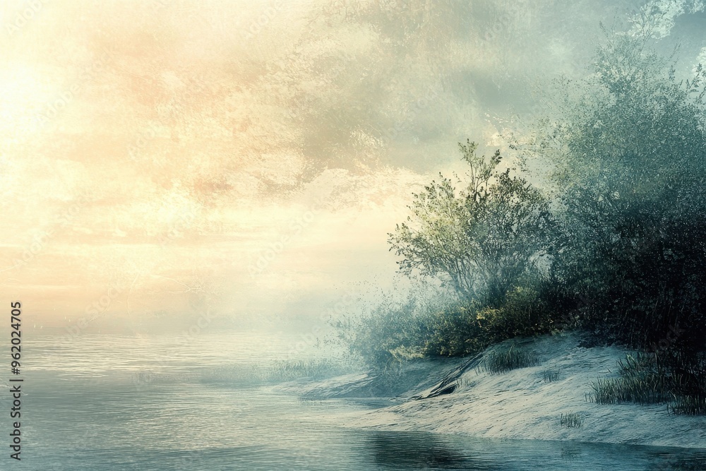 Misty Riverbank with Lush Greenery and a Golden Sky Misty Riverbank with Lush Greenery and a Golden Sky