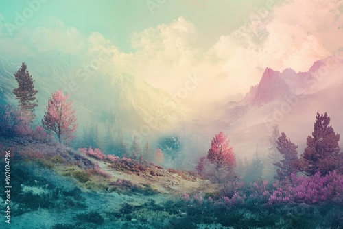 Mountainous Landscape with Pink Trees and Fog