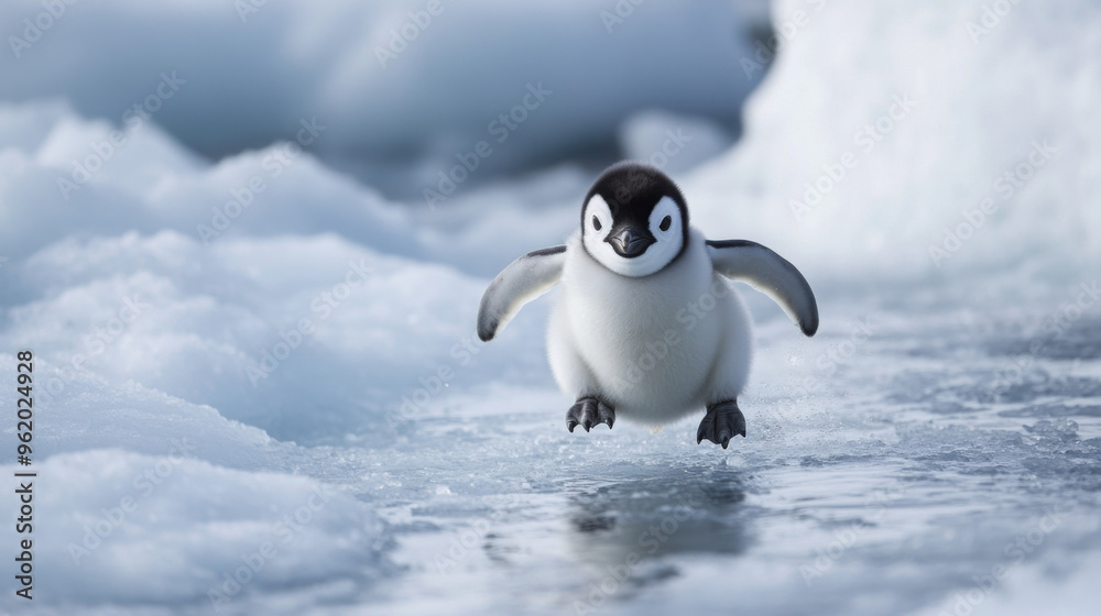 Fototapeta premium A baby penguin taking its first steps on the ice, looking determined but wobbly