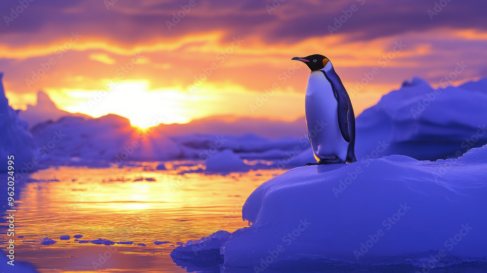 Fototapeta premium A penguin standing on an iceberg, with a beautiful sunset reflecting off the icy waters